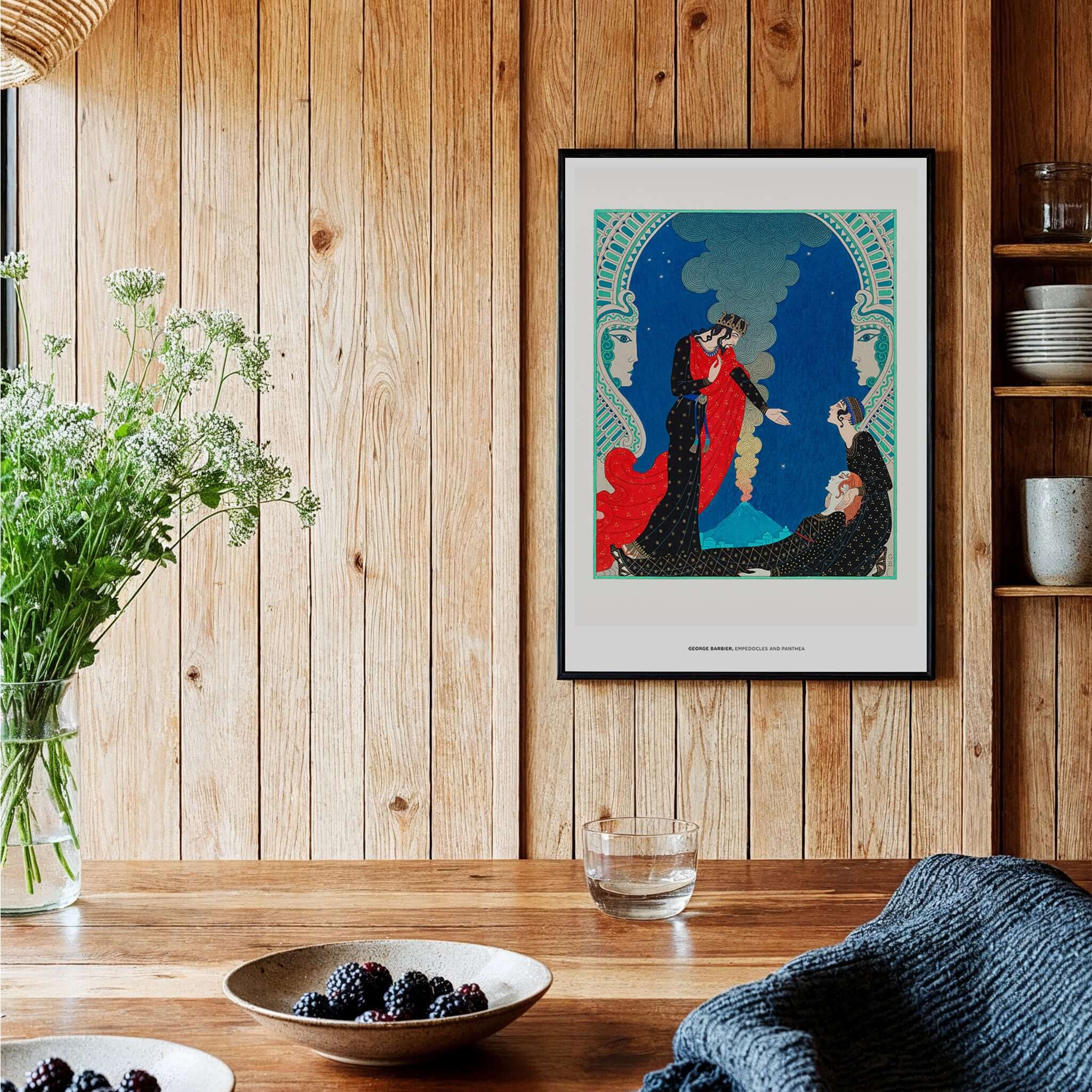 Exhibition Art Print George Barbier Empedocles Panthea Art Deco Mythology Poster Wall Art displayed in a cozy interior.