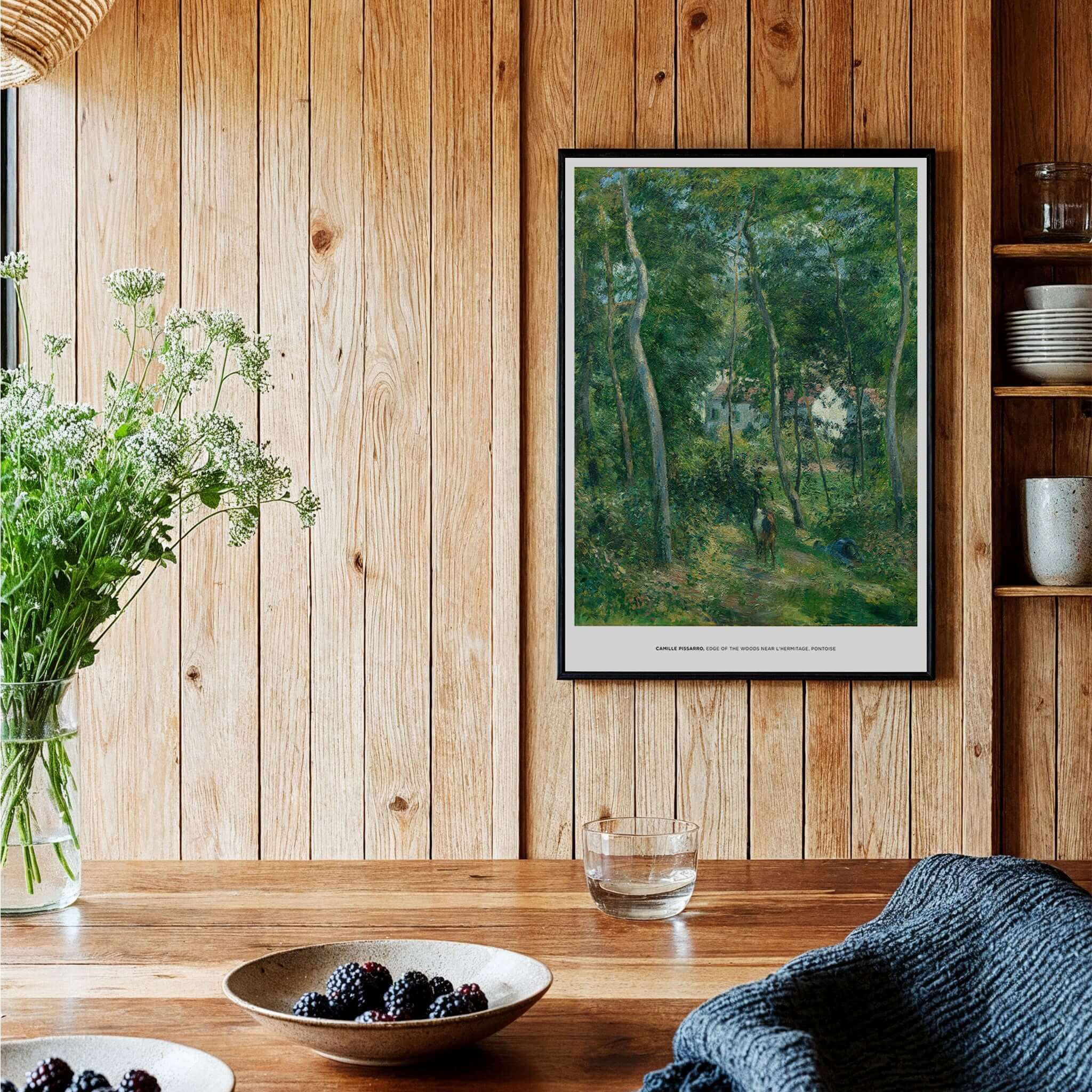 Exhibition Art Print Camille Pissarro Edge of the Woods Impressionist Landscape Poster Wall Art displayed in a cozy interior.