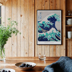 Exhibition Art Print Hokusai The Great Wave off Kanagawa Japanese Ukiyo-e Poster displayed in a modern home setting.