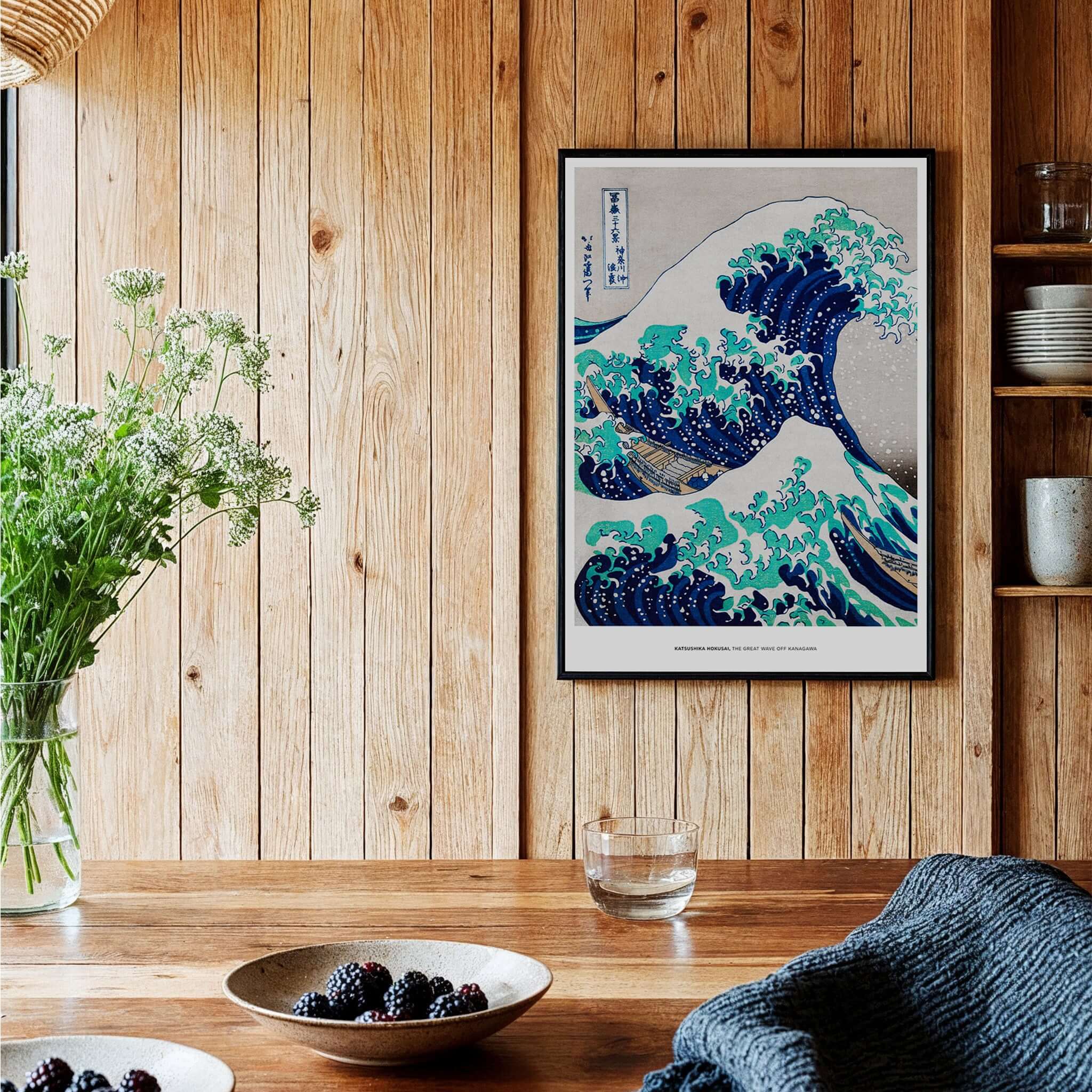 Exhibition Art Print Hokusai The Great Wave off Kanagawa Japanese Ukiyo-e Poster displayed in a modern home setting.