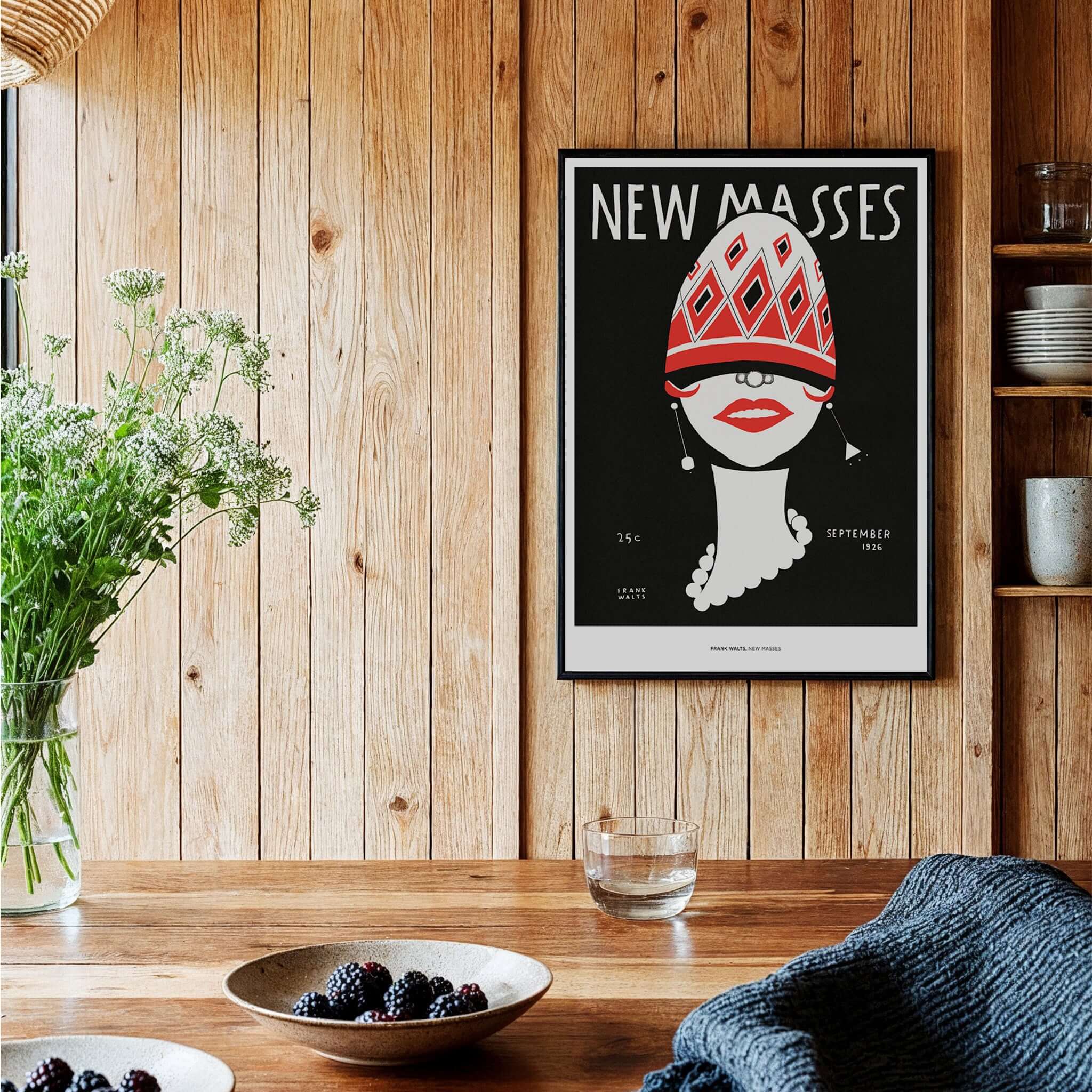 New Masses Frank Walts Art Deco Magazine Cover Poster Wall Art Print displayed on a wooden wall with plants.