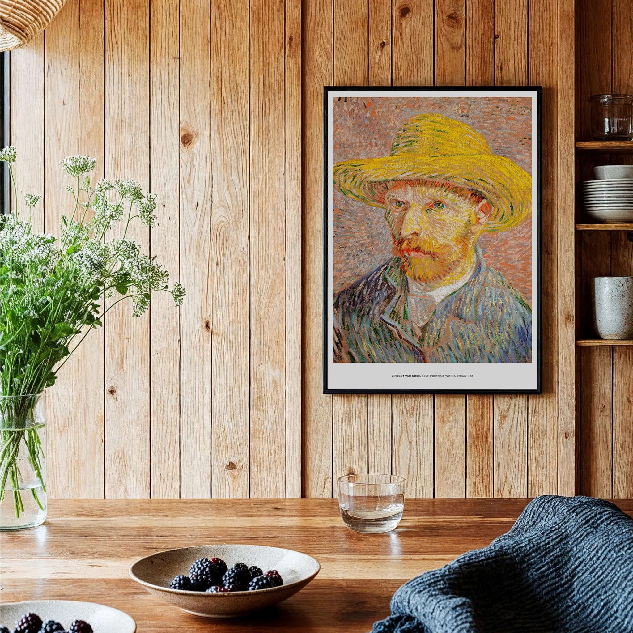 Vincent van Gogh Self Portrait Straw Hat Post-Impressionist Art Print Poster in a wooden interior setting.