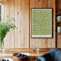 Exhibition Art Print William Morris Willow Pattern Green Botanical Wall Art displayed in a cozy kitchen setting.