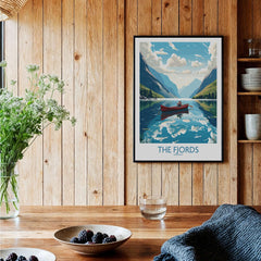 Fjords Norway Wall Art | Modern Style - Stunning print of a boat on a serene fjord landscape.