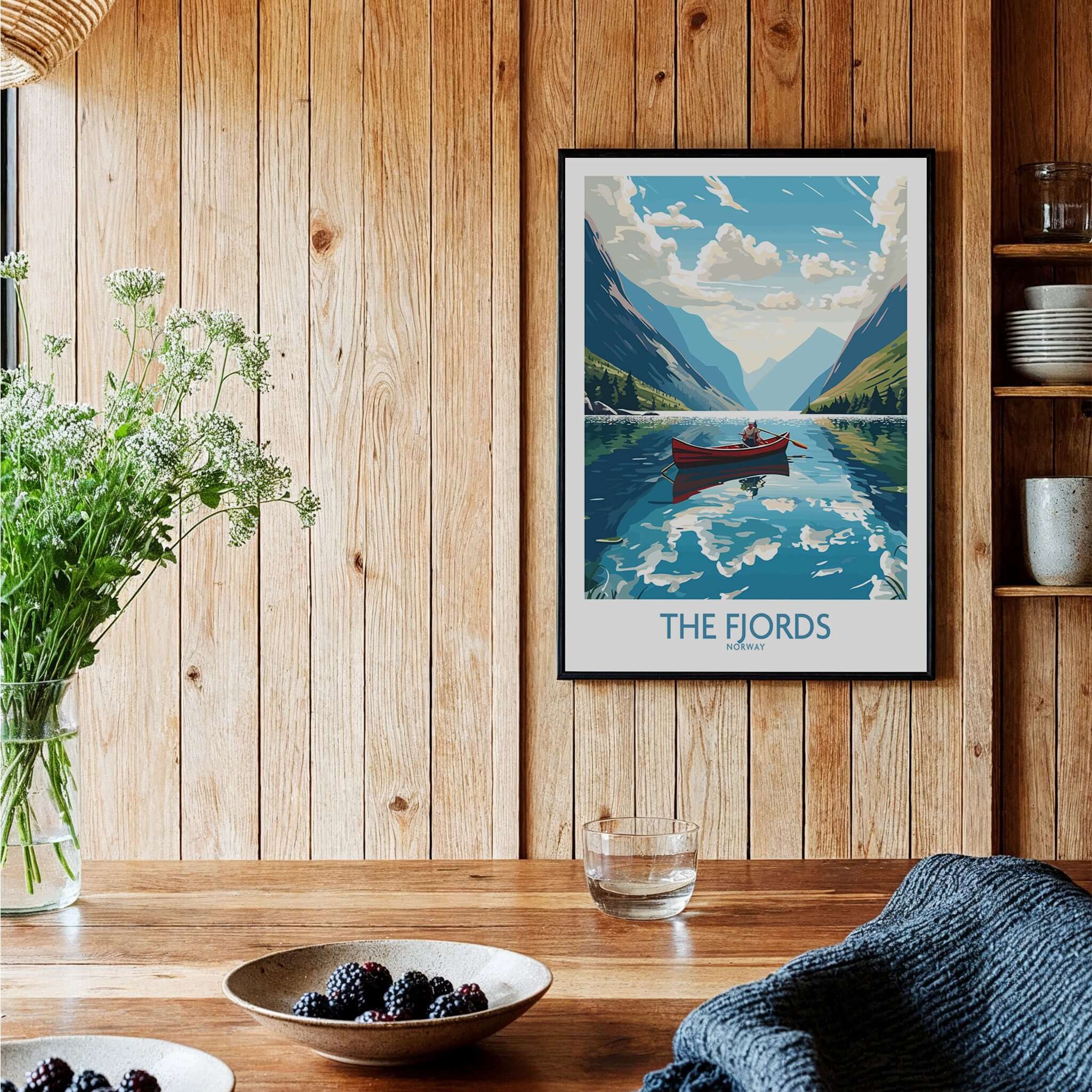 Fjords Norway Wall Art | Modern Style - Stunning print of a boat on a serene fjord landscape.