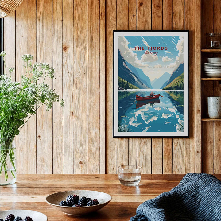 Fjords Wall Art Norway in a cozy interior, showcasing a serene Norwegian landscape with a boat on still waters.