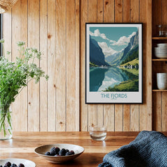 Fjords Wall Art | Modern Style featuring stunning Norwegian landscape with mountains and river, ideal for nature enthusiasts.