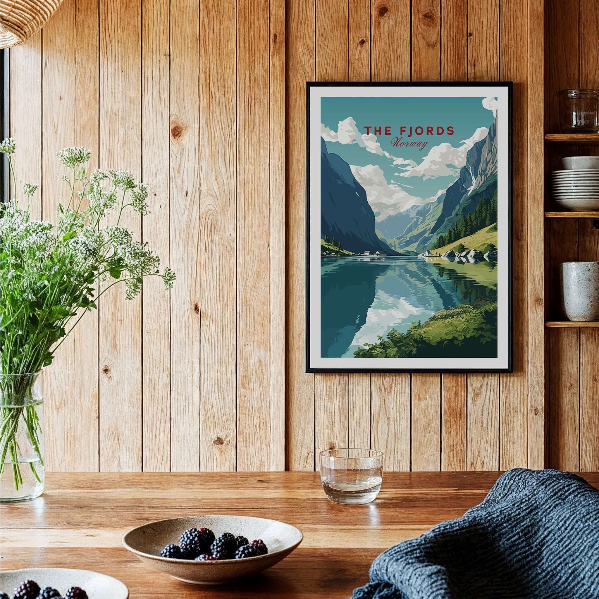 Norway Fjords Travel Poster showcasing stunning fjord scenery in a vibrant art print, perfect for home or office decor.