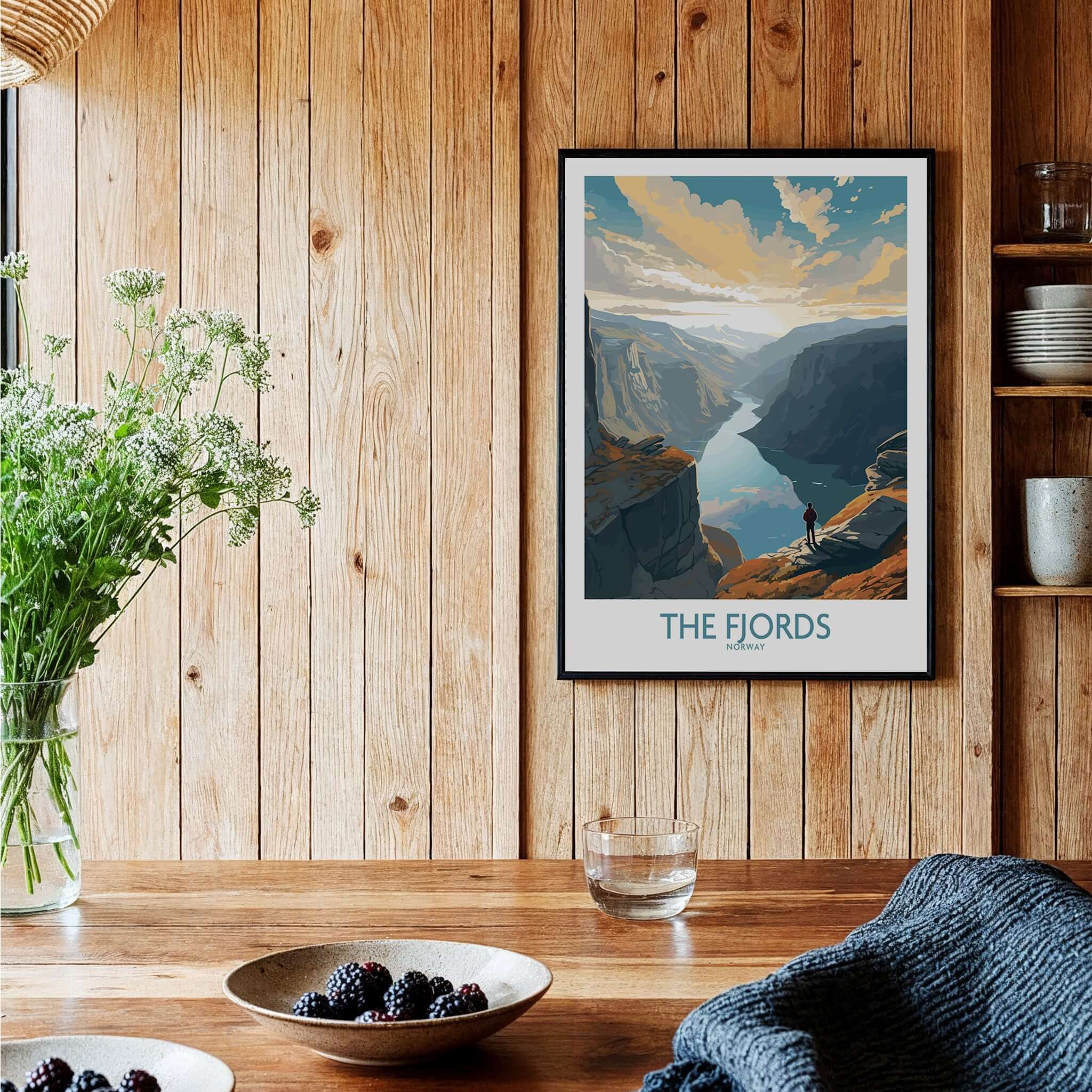 Fjords Wall Art | Modern Style featuring a stunning print of Norwegian fjords in a cozy interior setting.