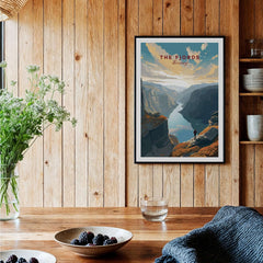 Fjord Wall Art Print - Norway displayed in a cozy room with wooden walls and natural decor.