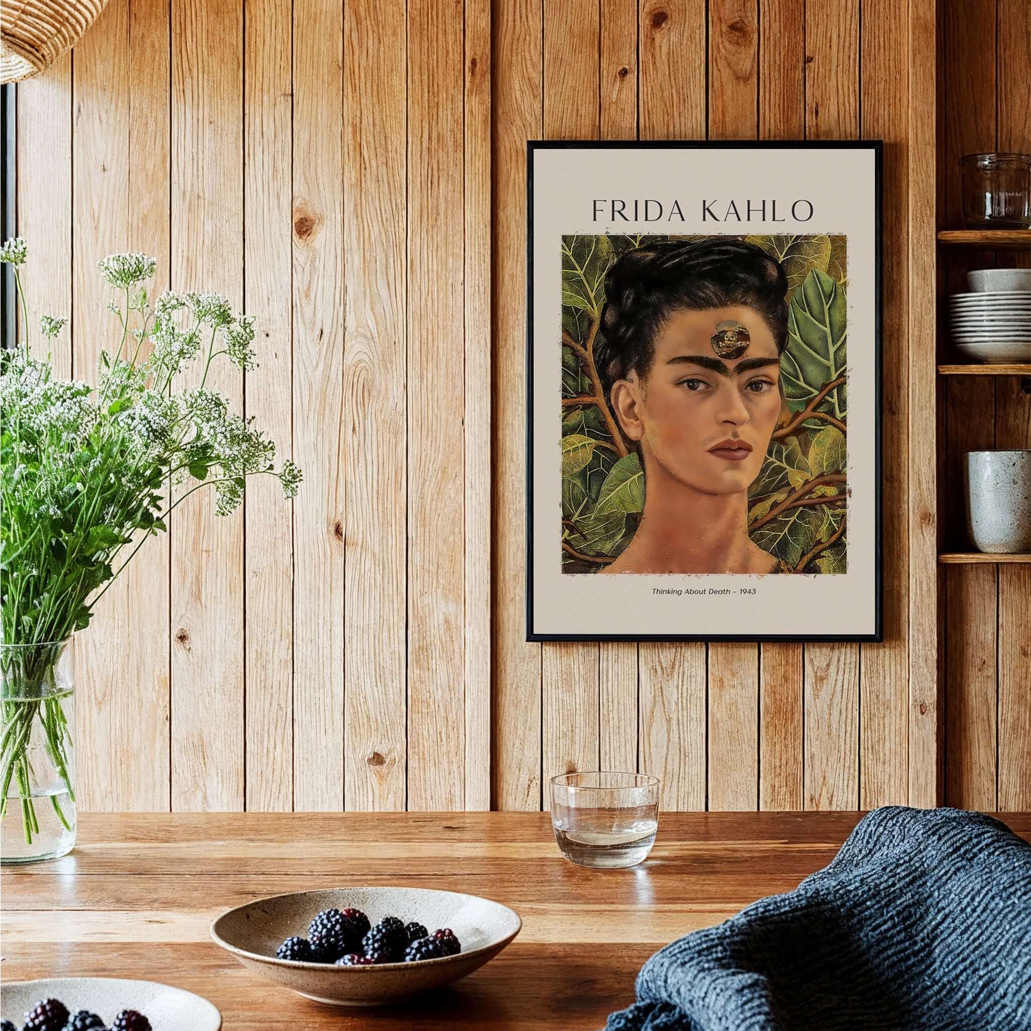 Frida Kahlo Thinking About Death Self Portrait Wall Art Print Poster featuring a self-portrait with a skull on her forehead