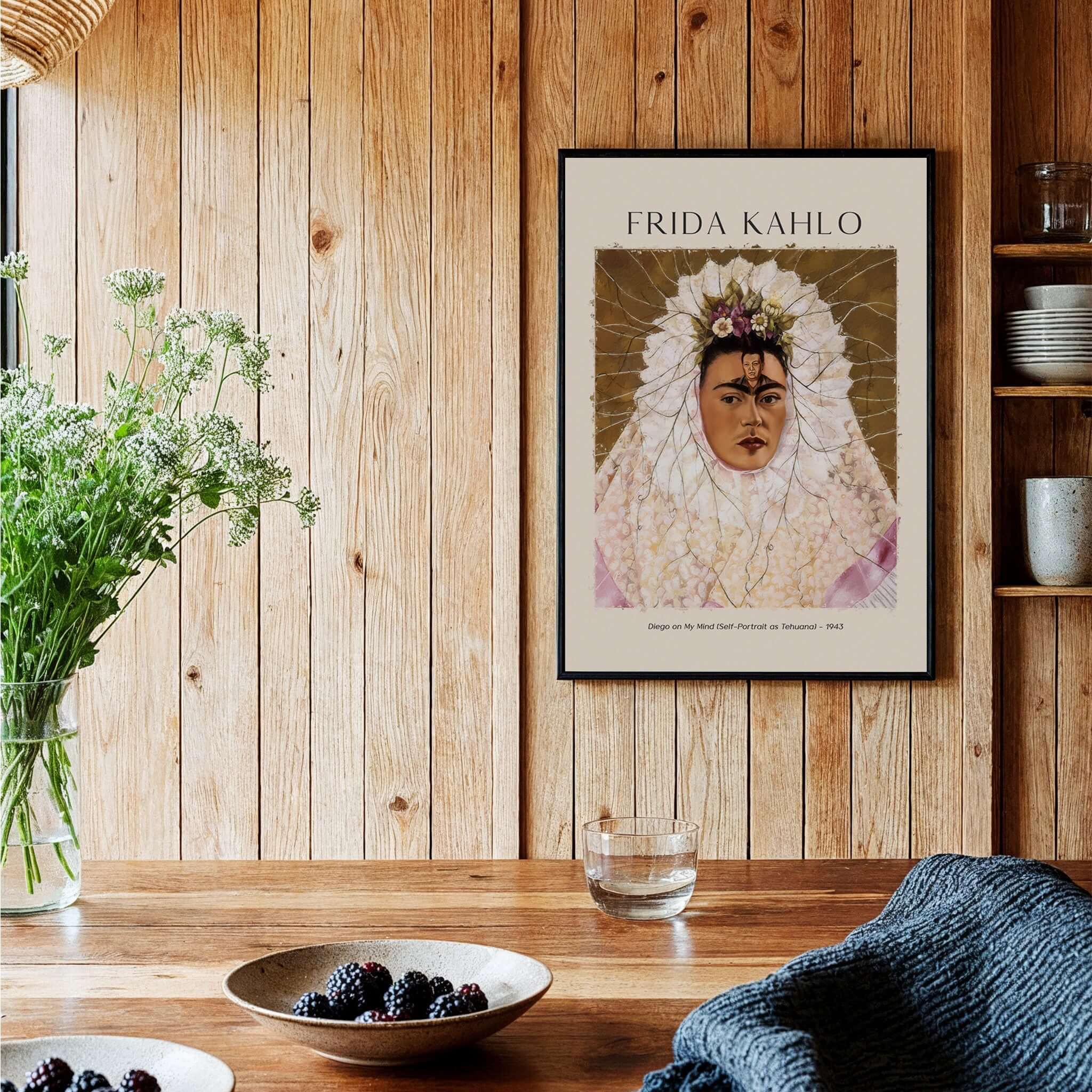 Frida Kahlo Diego on My Mind Tehuana Self Portrait Poster Art Print in a rustic kitchen setting.