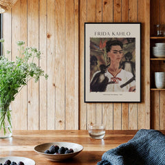 Frida Kahlo Self Portrait with Monkeys Famous Painting Poster Art Print displayed on wooden wall with plants and decor.