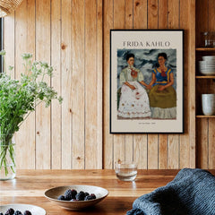Frida Kahlo The Two Fridas Famous Art Print Poster Wall Art displayed in a wooden interior with a vase and table.