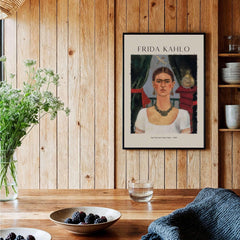 Frida Kahlo Self Portrait Time Flies 1929 Vintage Art Print Poster displayed in a home interior.