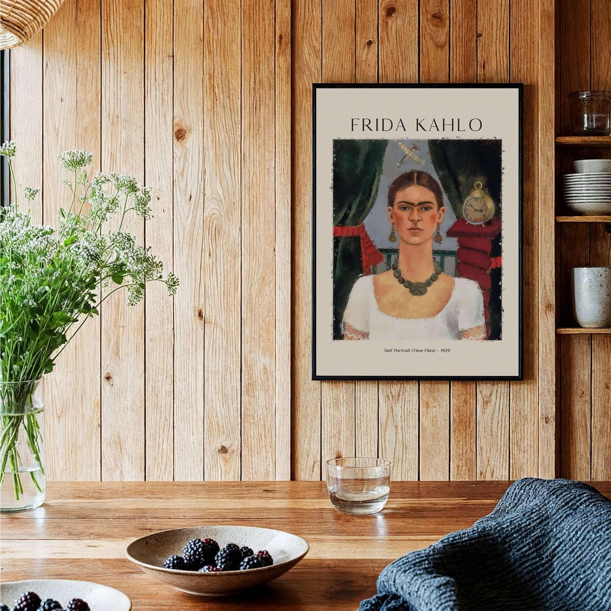 Frida Kahlo Self Portrait Time Flies 1929 Vintage Art Print Poster displayed in a home interior.