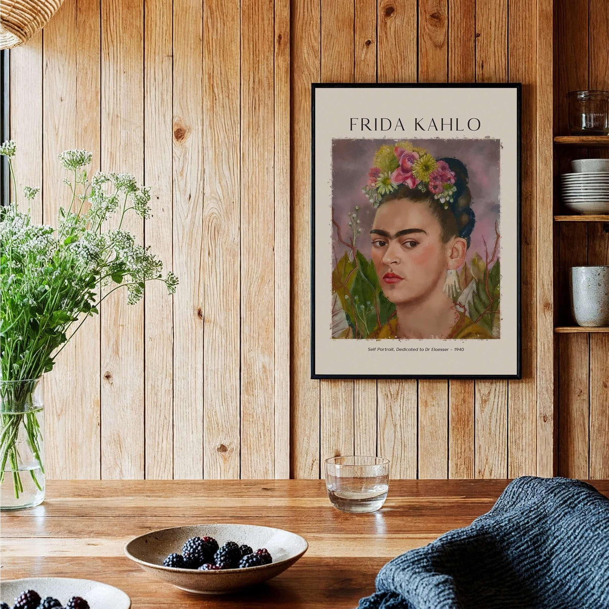 Frida Kahlo Self Portrait Dedicated Dr Eloesser Floral Poster Art Print displayed in a cozy setting with wooden accents.