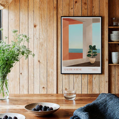 Galerie Bohème Ocean View Window Moroccan Style Art Print Boho Decor Poster displayed in a cozy interior with wooden walls.