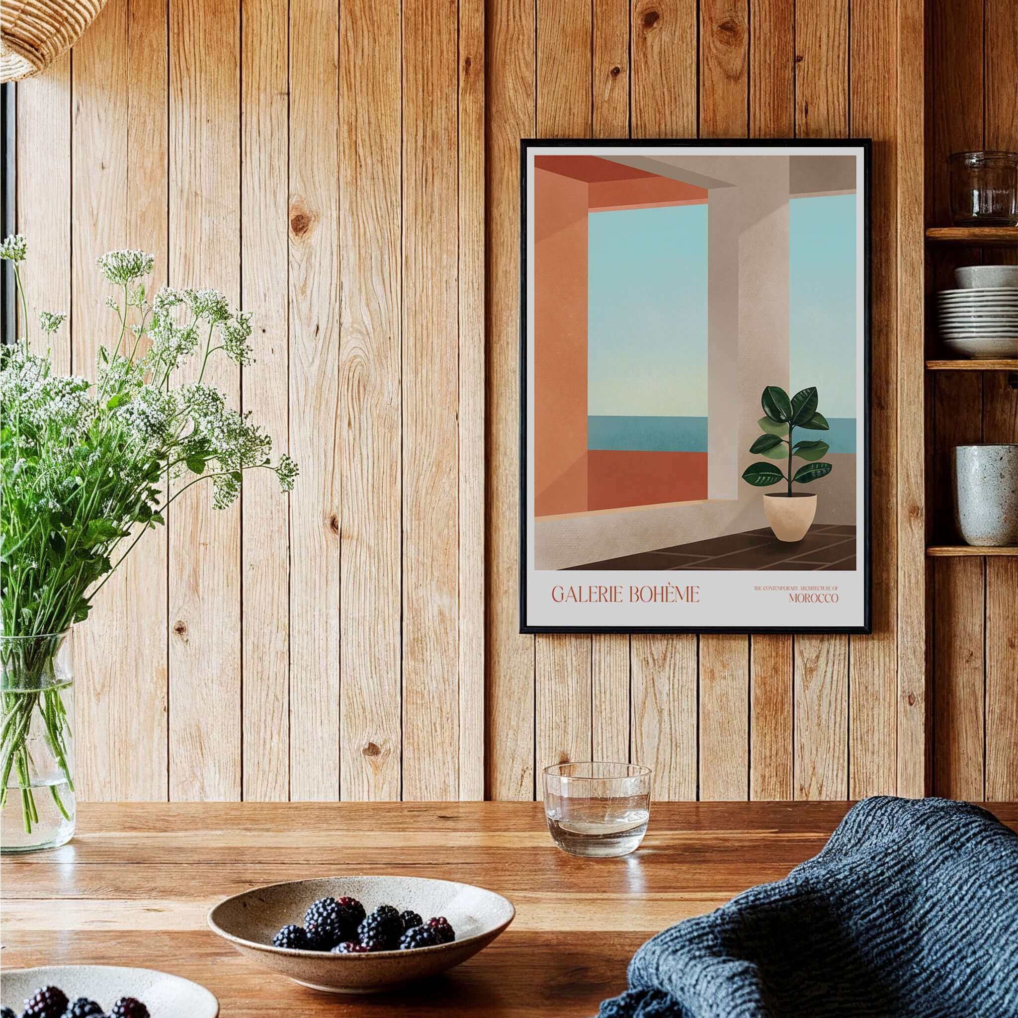 Galerie Bohème Ocean View Window Moroccan Style Art Print Boho Decor Poster displayed in a cozy interior with wooden walls.