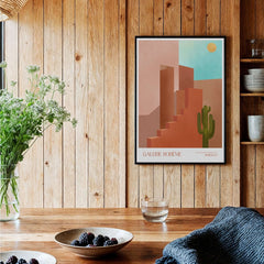 Galerie Bohème Abstract Moroccan Stairs Cactus Poster Desert Wall Art Print displayed in a wooden interior.