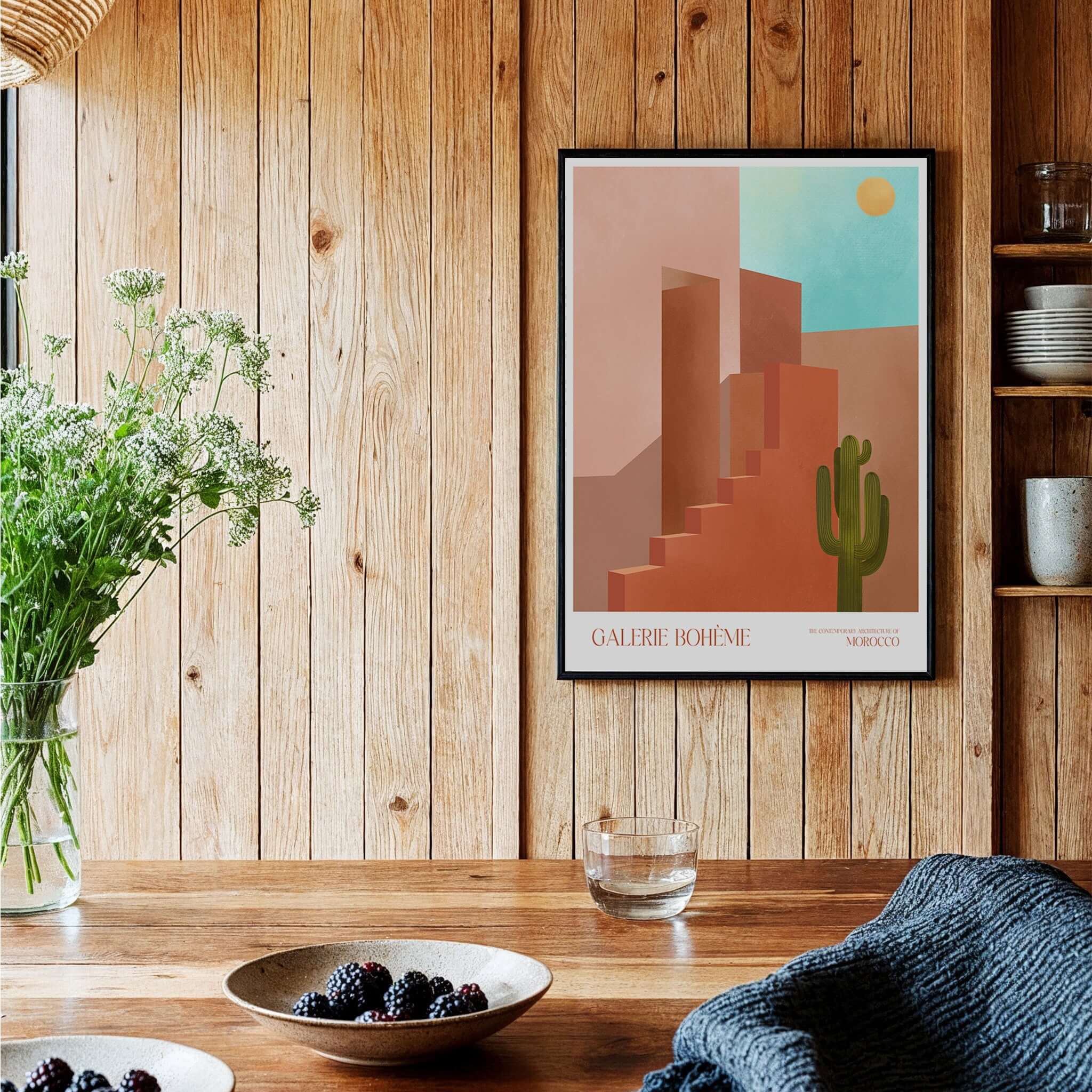 Galerie Bohème Abstract Moroccan Stairs Cactus Poster Desert Wall Art Print displayed in a wooden interior.