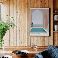 Galerie Bohème Moroccan Pool Ocean Archway Art Print Mediterranean Poster in a cozy interior setting.