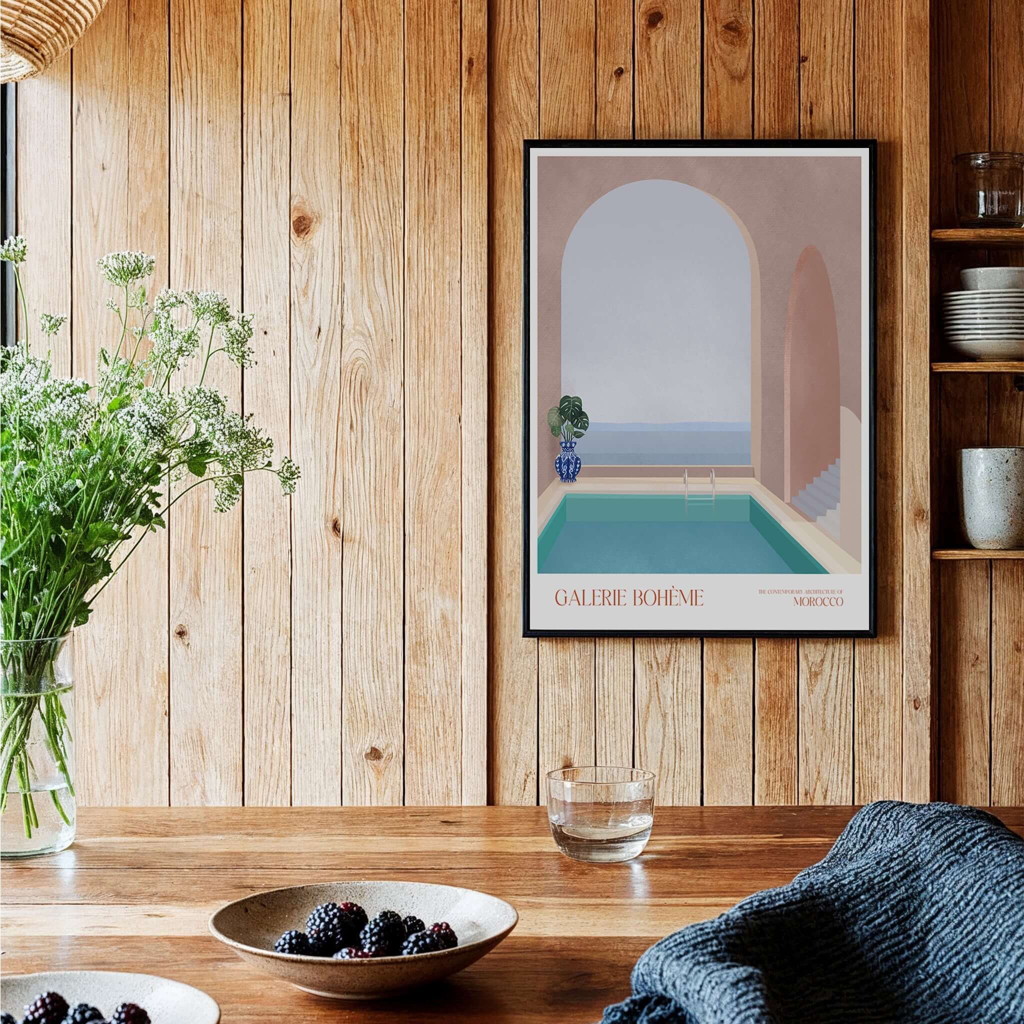 Galerie Bohème Moroccan Pool Ocean Archway Art Print Mediterranean Poster in a cozy interior setting.