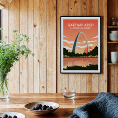Framed Gateway Arch National Park art print in rustic kitchen wall decor setting