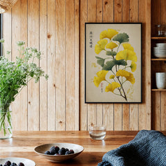 Framed botanical ginkgo leaf art print on wood wall in cozy modern kitchen decor