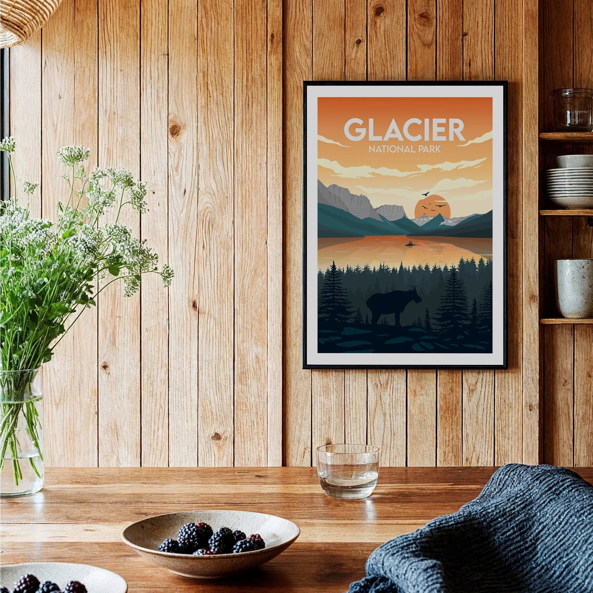 Glacier National Park art print with mountain landscape in rustic kitchen decor setting