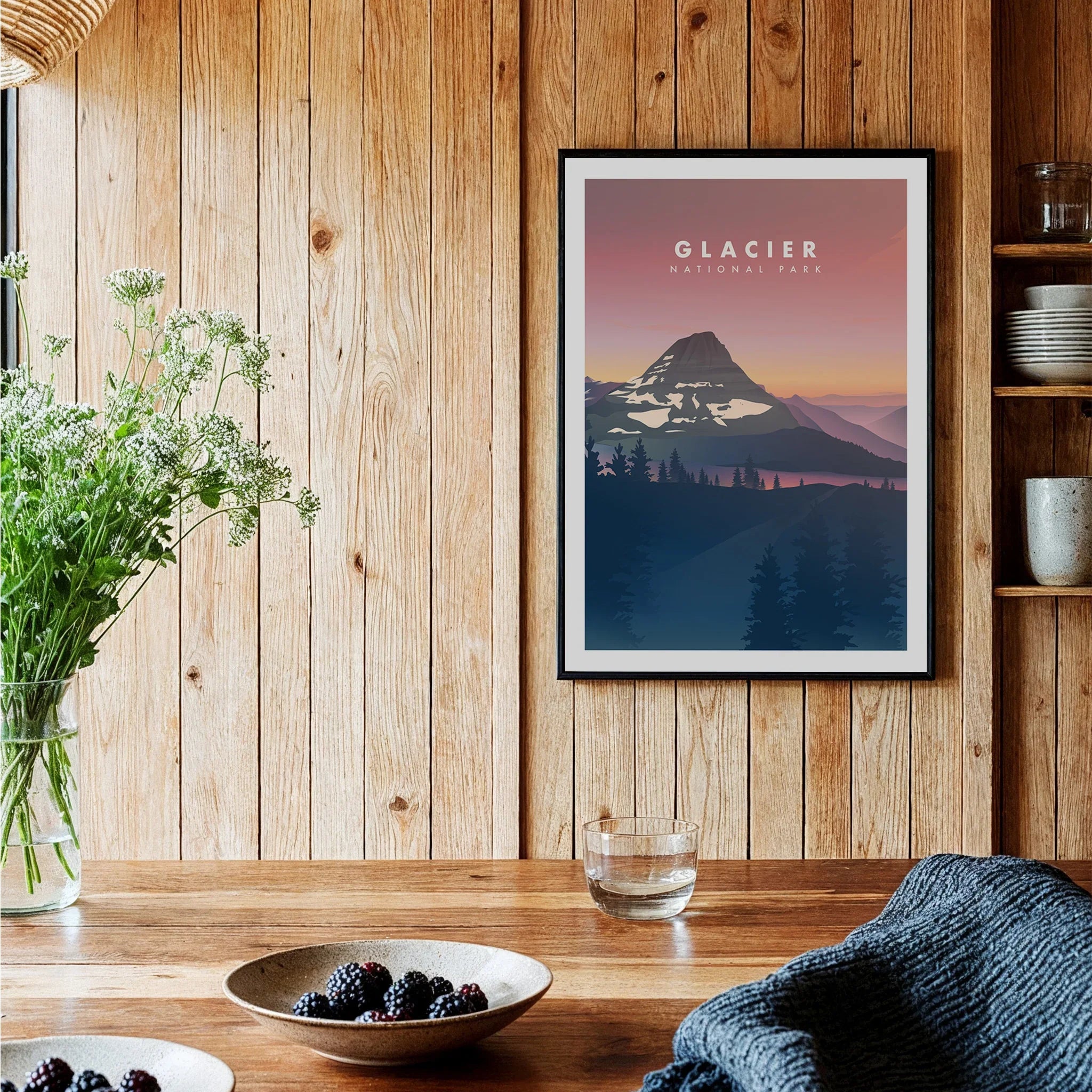Glacier National Park art print in black frame on rustic wood kitchen wall, modern home decor