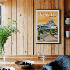 Glacier National Park print in black frame on kitchen wall, rustic décor, mountain art