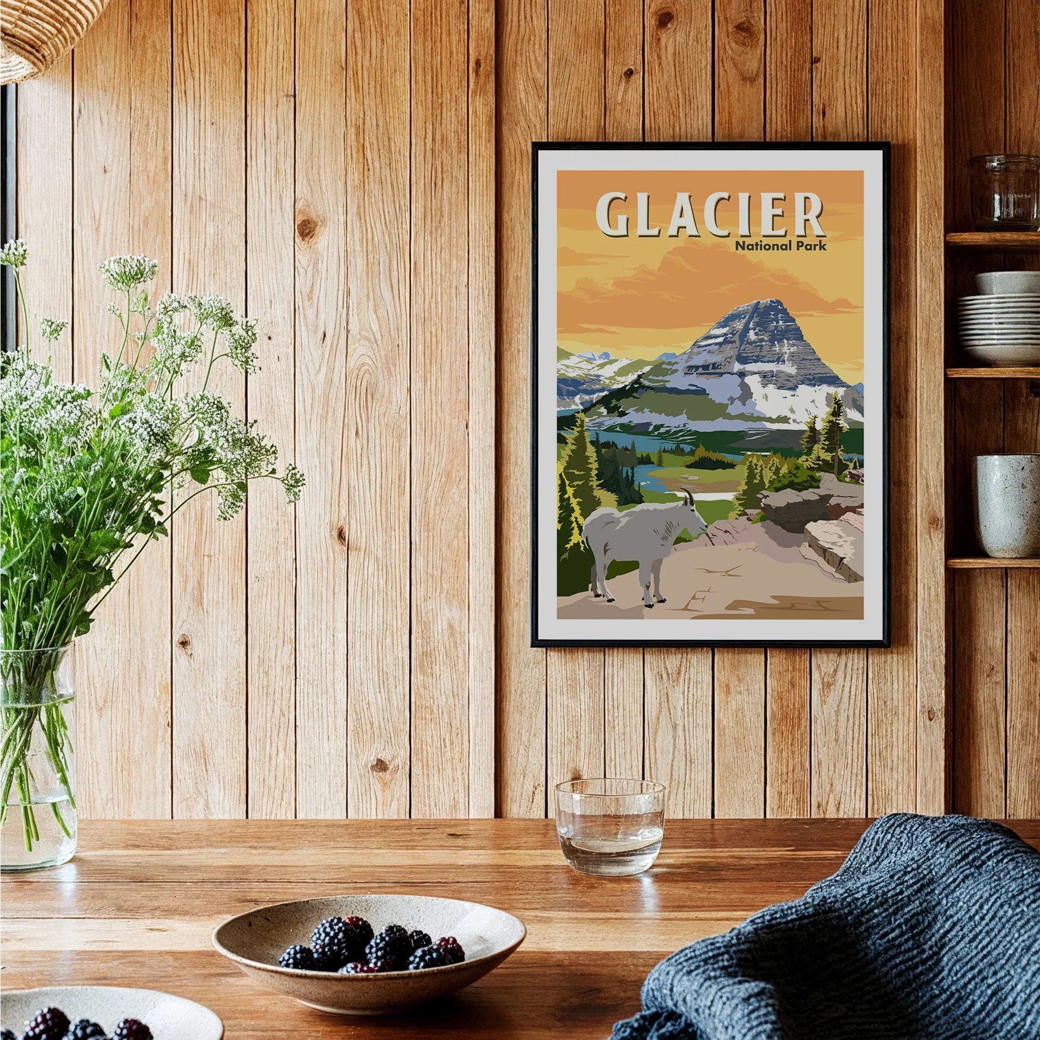 Glacier National Park print in black frame on kitchen wall, rustic décor, mountain art