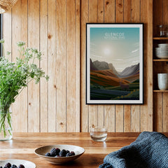 Glencoe National Park art print in black frame, modern kitchen decor with wooden walls