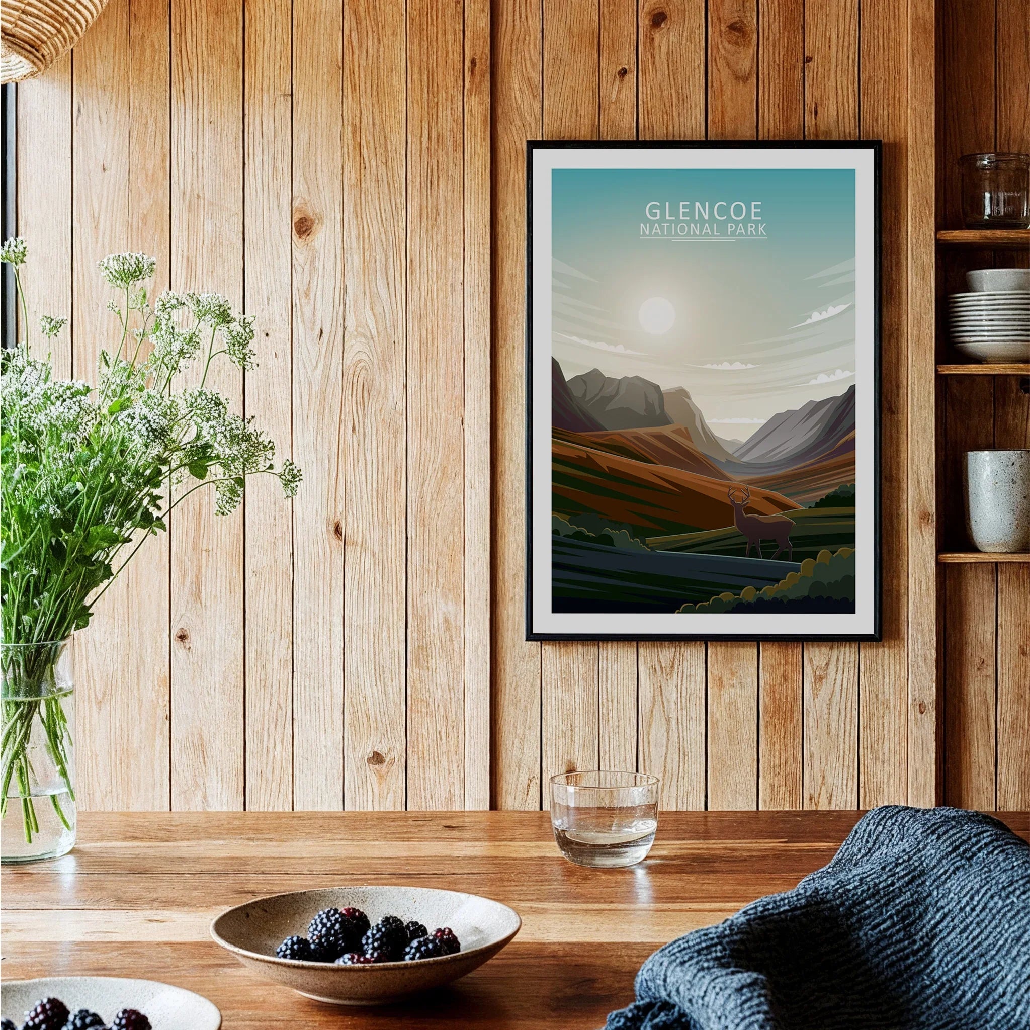 Glencoe National Park art print in black frame, modern kitchen decor with wooden walls