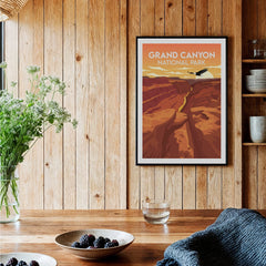 Grand Canyon National Park art print in black frame on rustic wood kitchen wall