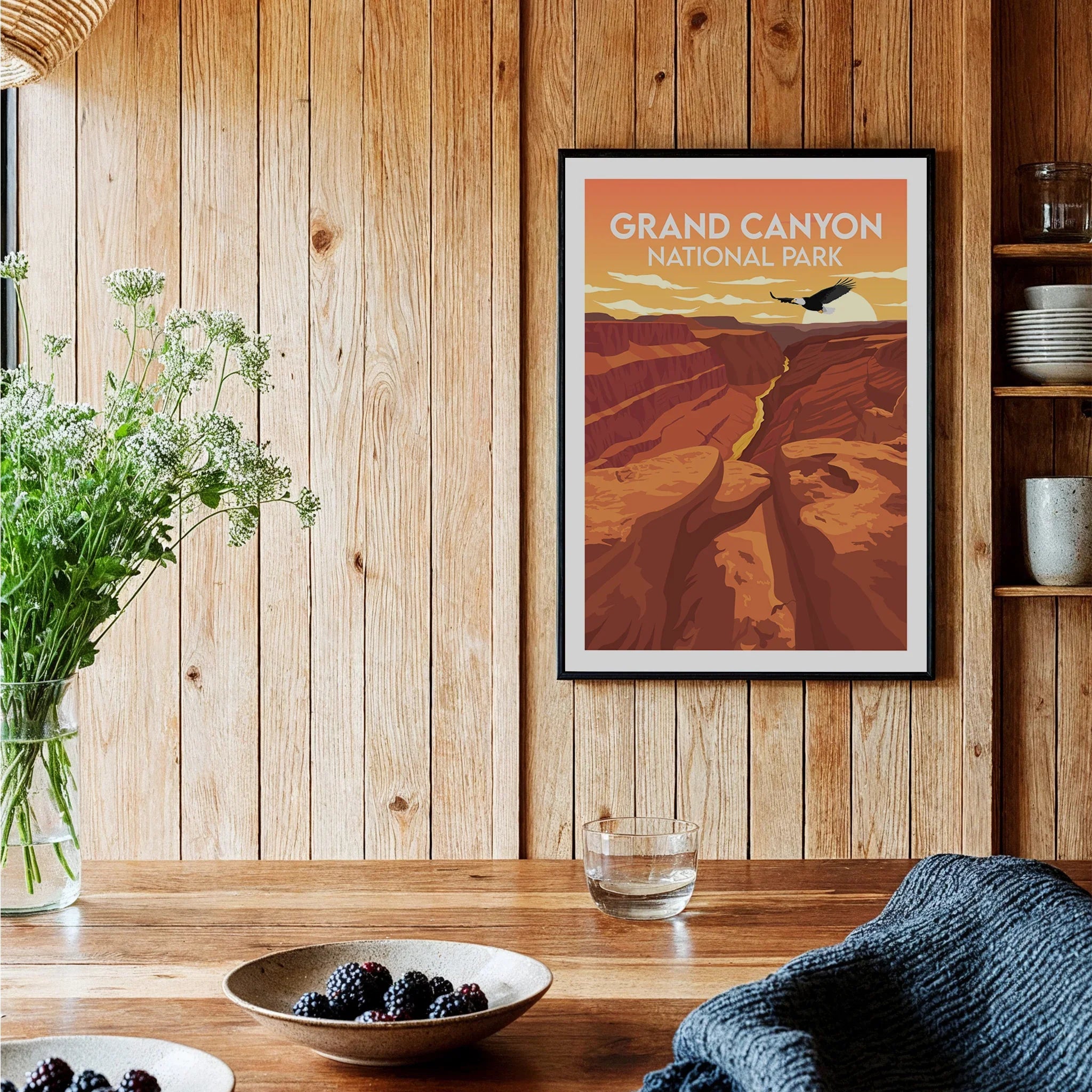 Grand Canyon National Park art print in black frame on rustic wood kitchen wall