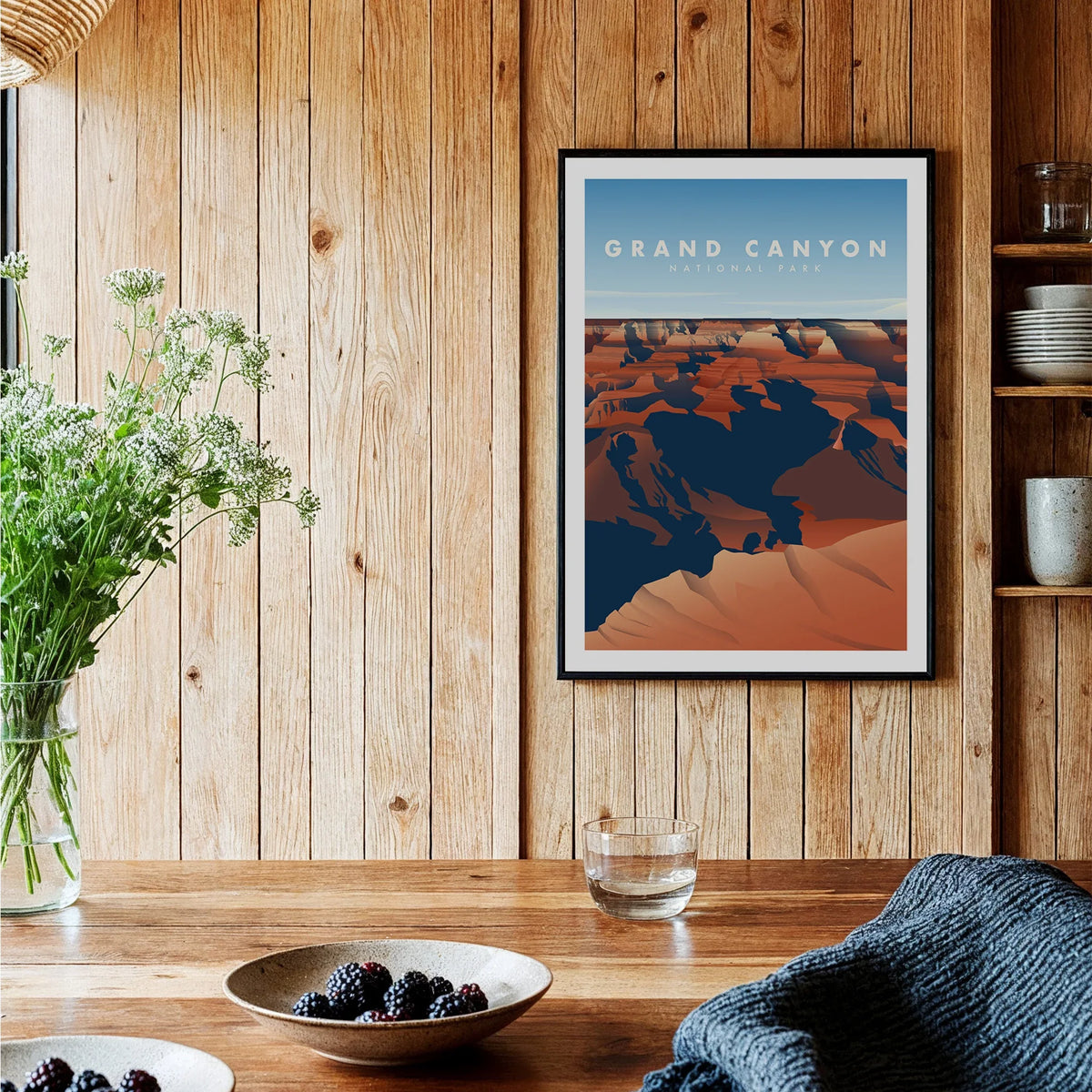Grand Canyon National Park art print in black frame on kitchen wood wall decor