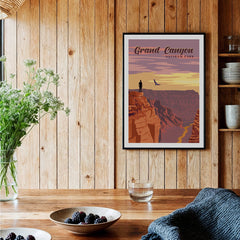 Grand Canyon National Park art print in black frame on wood wall in cozy kitchen setting