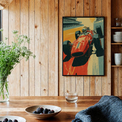 Framed racing car art print in a rustic wood kitchen with natural decor