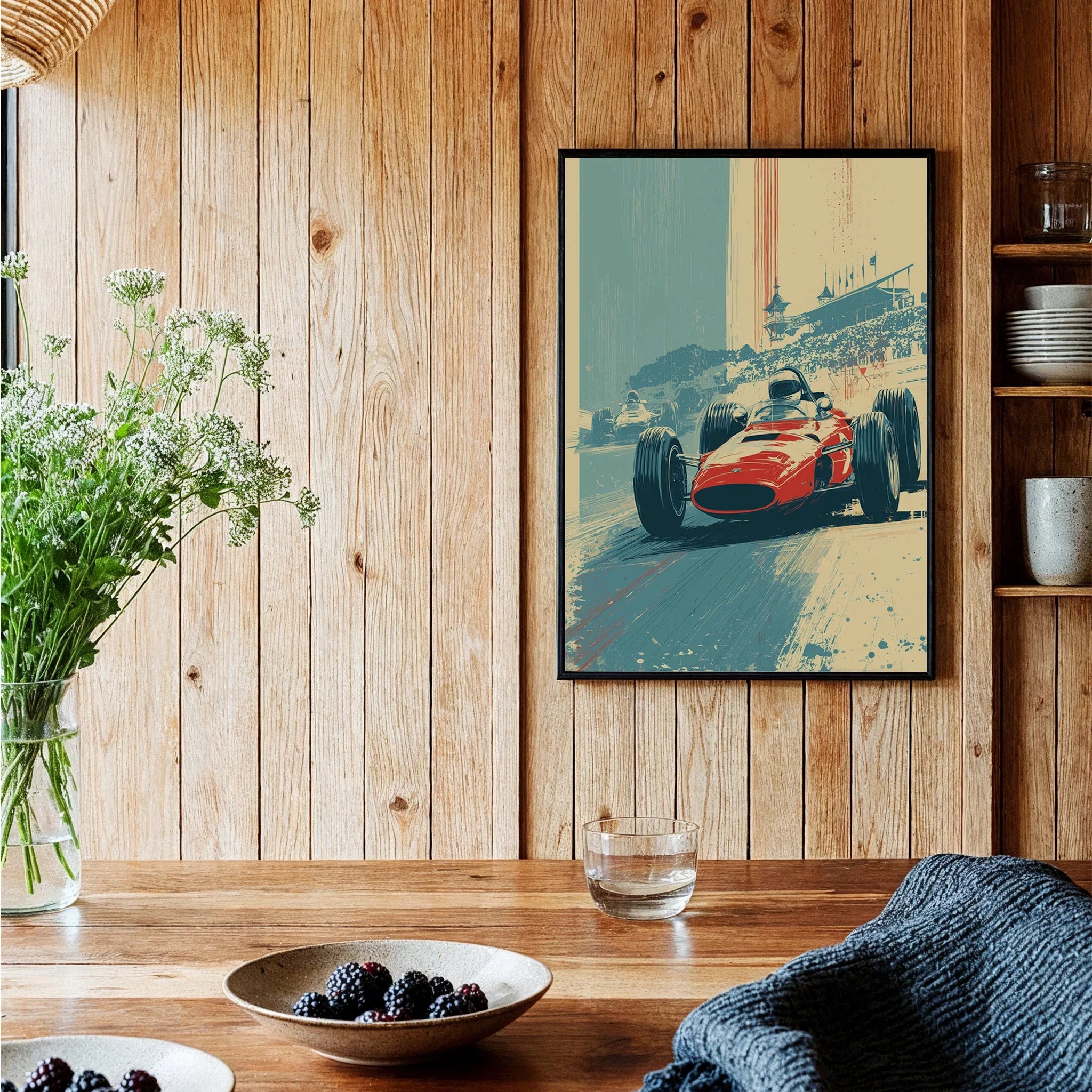 Vintage Formula 1 race car art print framed on wooden kitchen wall, rustic decor style