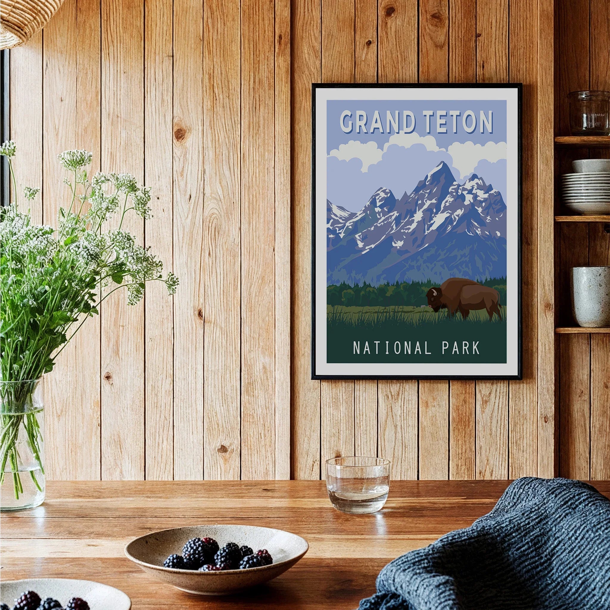 Grand Teton National Park art print with bison, mountain scenery in rustic kitchen