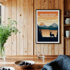 Grand Teton National Park art print with deer in rustic kitchen, wooden wall decor