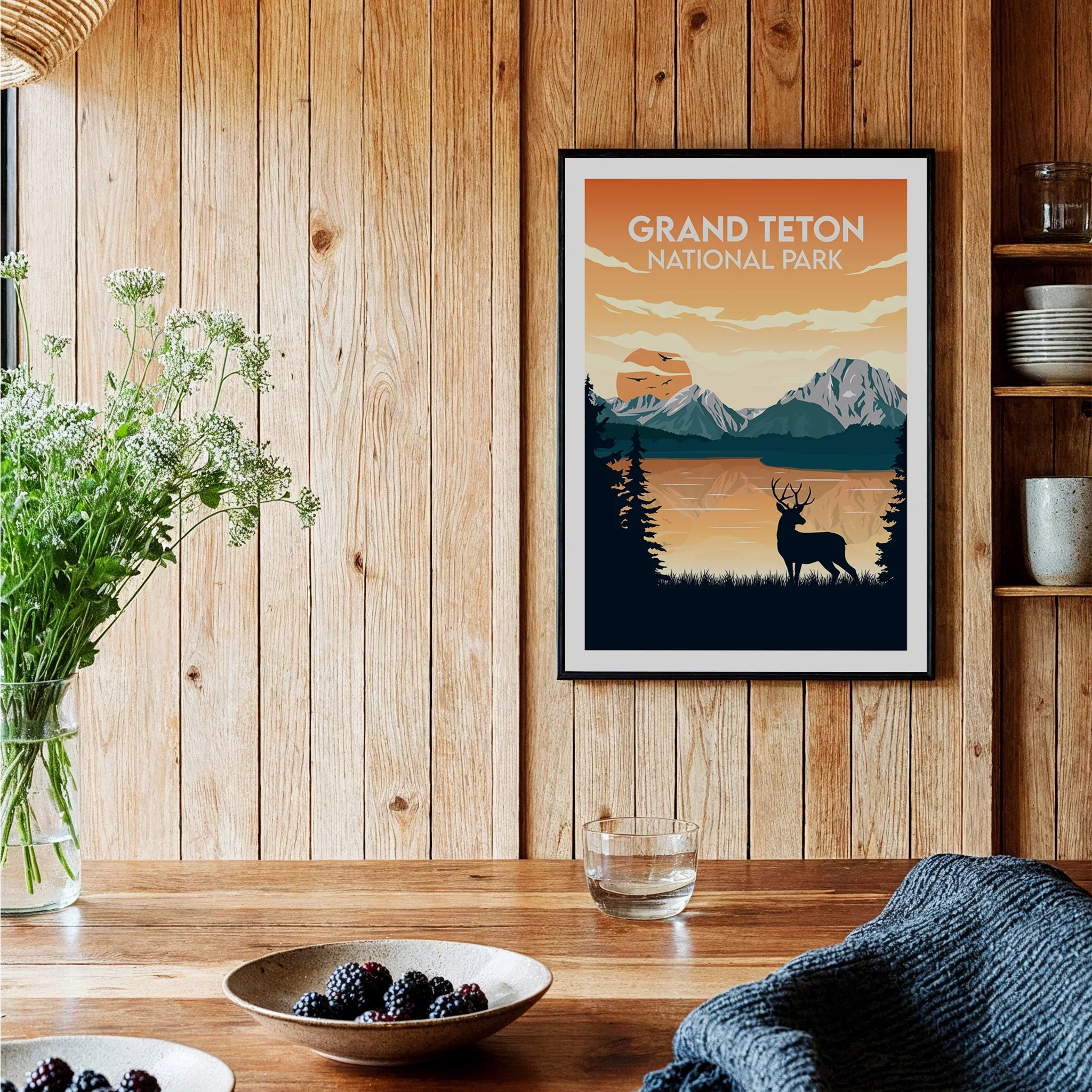 Grand Teton National Park art print with deer in rustic kitchen, wooden wall decor
