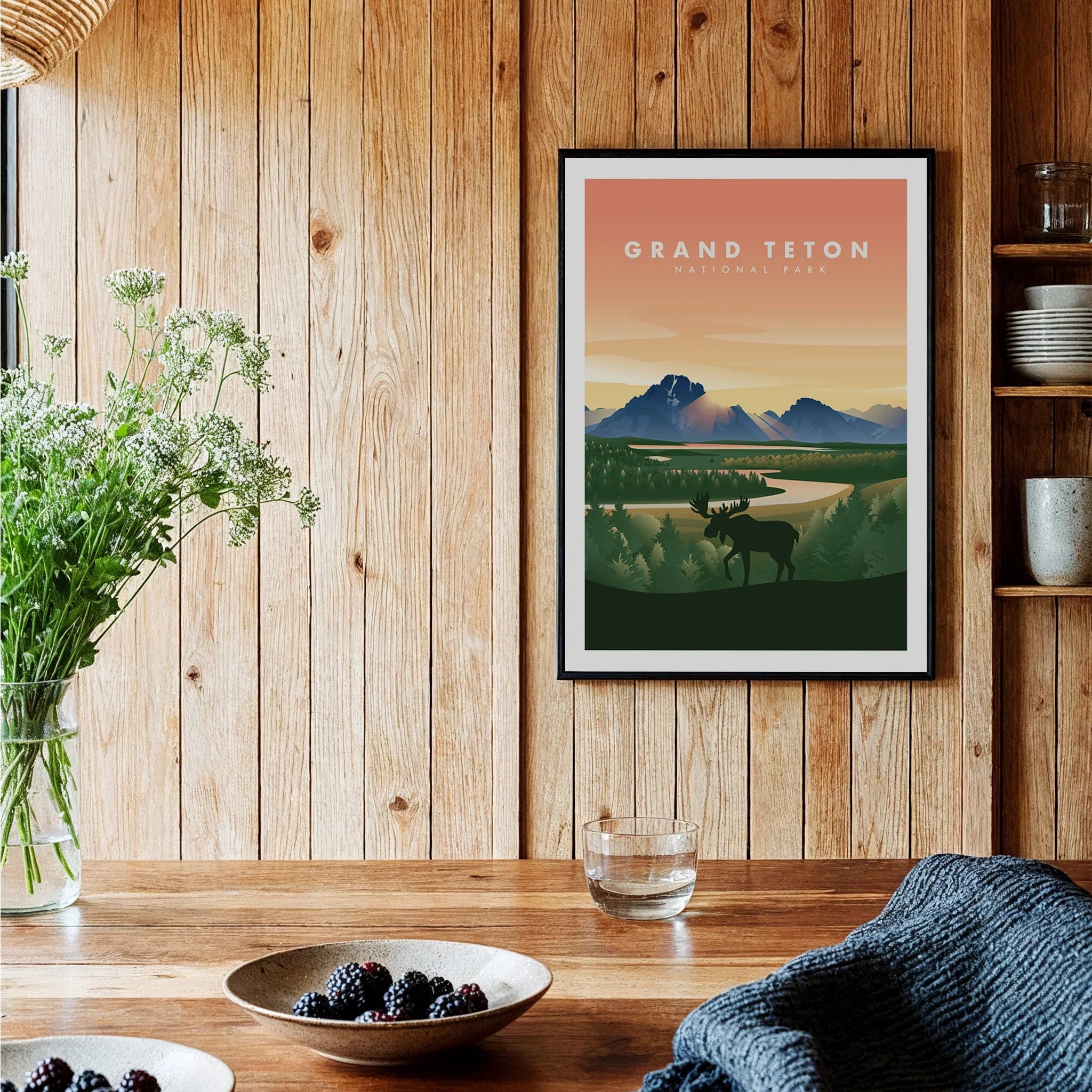 Grand Teton National Park art print with moose and mountains in rustic kitchen setting