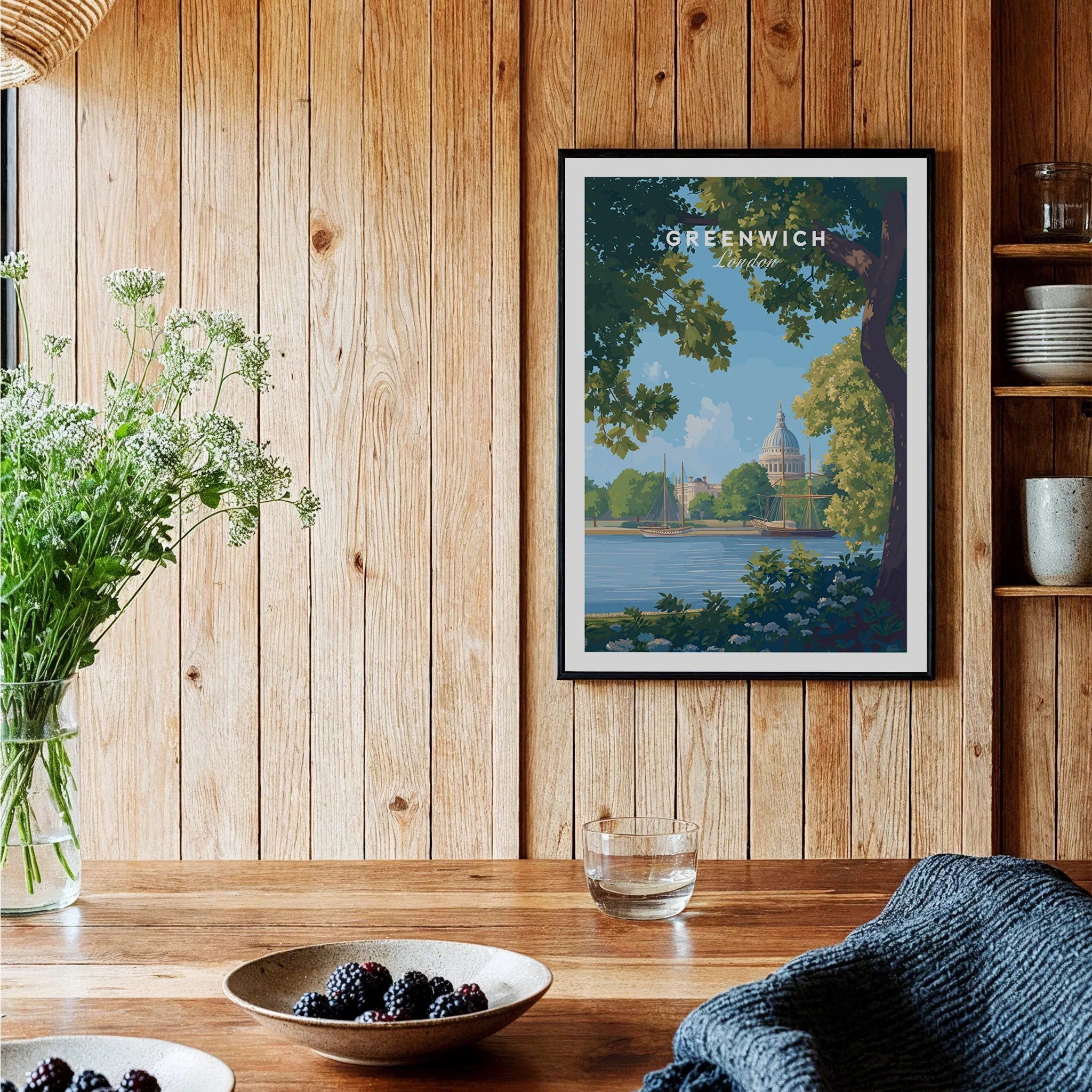 Greenwich London travel poster framed wall art in rustic kitchen with wood paneling