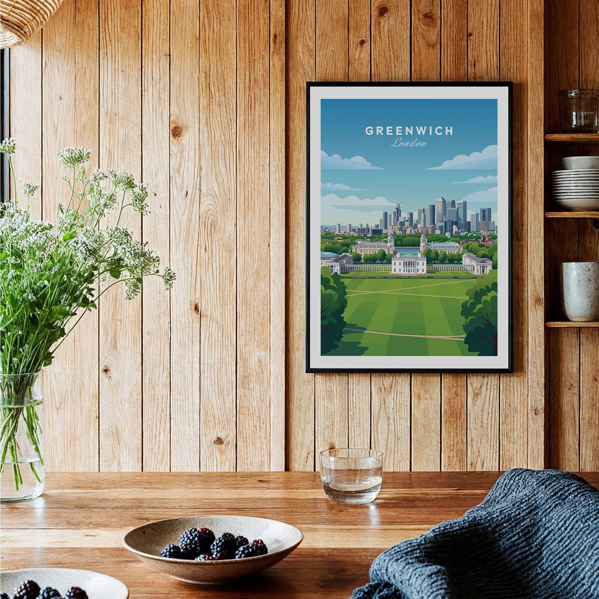Greenwich London city skyline art print in black frame hanging in rustic kitchen decor