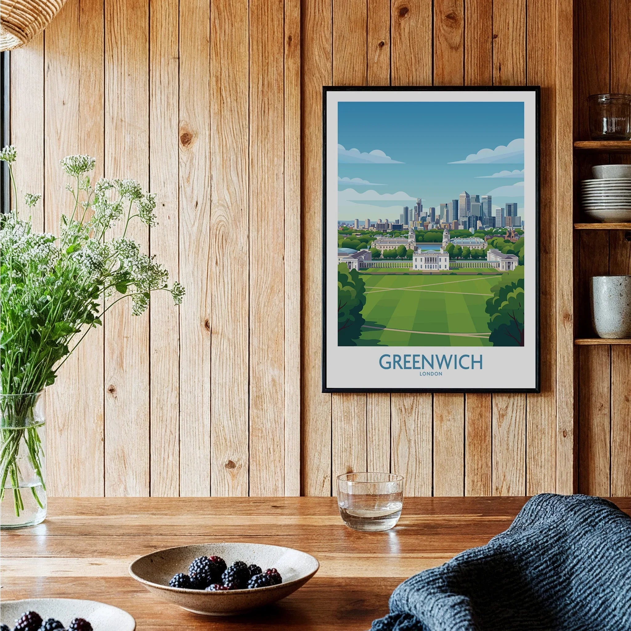 Greenwich London art print with cityscape, framed on kitchen wooden wall, modern home decor