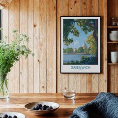 Greenwich London art print in black frame on rustic kitchen wall, surrounded by nature decor
