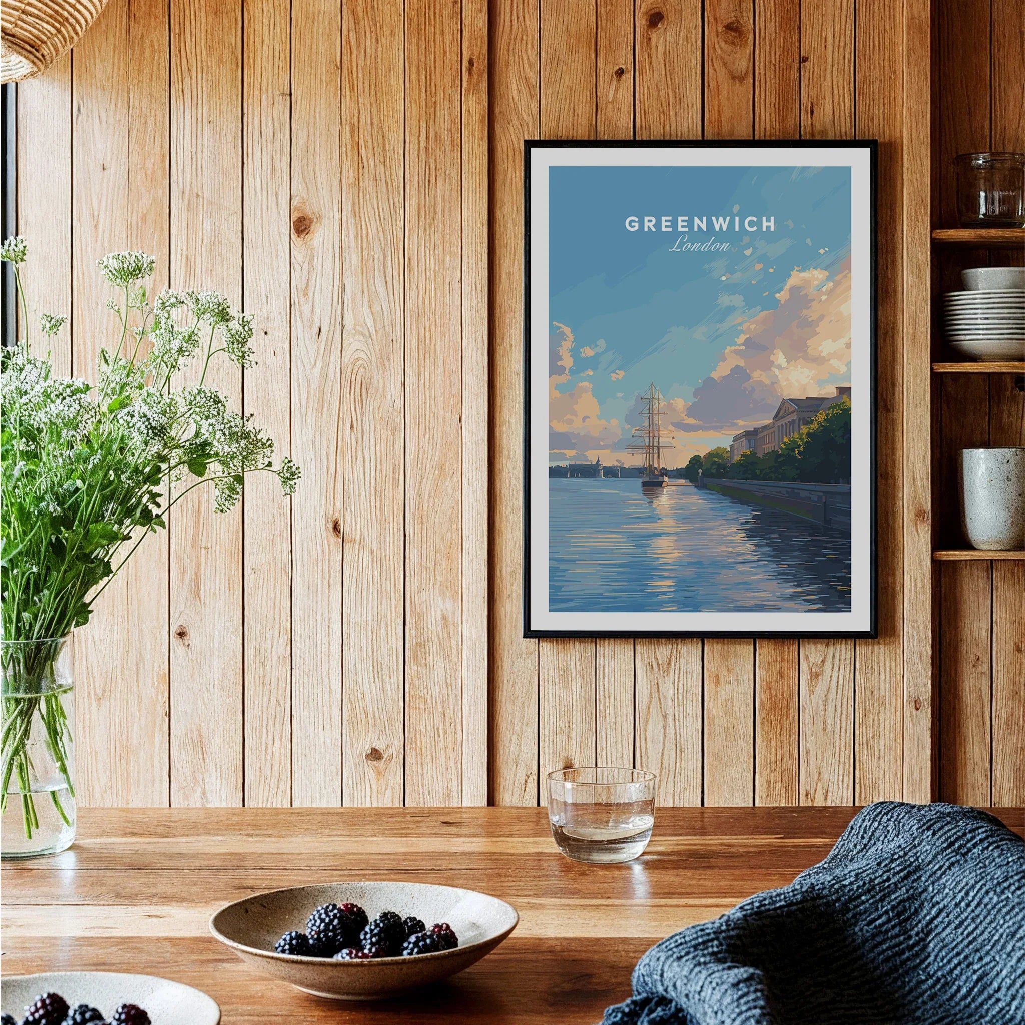 Greenwich London travel poster art print in black frame on rustic kitchen wall with wooden décor